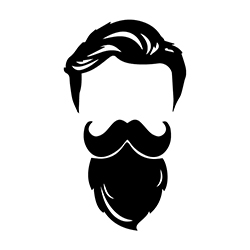 Desenho minimalista de um corte de cabelo, bigode e barba comprida.